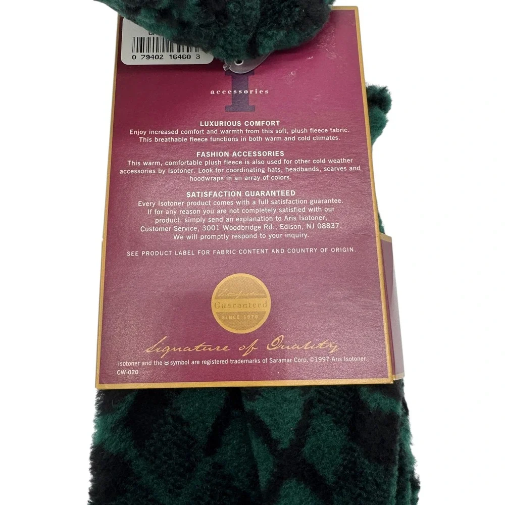 Isotoner Fleece Mittens One Size Evergreen Green Black Argyle Plush VTG 90s NEW - Picture 8 of 9